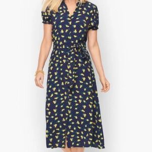 Talbots Navy Blue Midi Shirt Dress Belted Lemons Viscose 18W Plus‎ Pocket